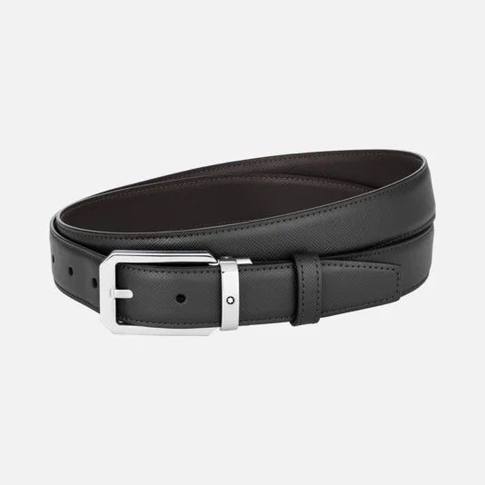 Cintura Montblanc reversibile in pelle nera/marrone 30 mm fibbia trapezoidale MB 128759