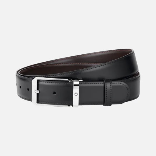 Cintura Montblanc reversibile in pelle nera/marrone 35 mm fibbia rettangolare MB 124383
