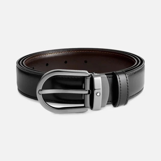 Cintura Montblanc reversibile in pelle nera/marrone 30 mm con fibbia a ferro di cavallo 128803